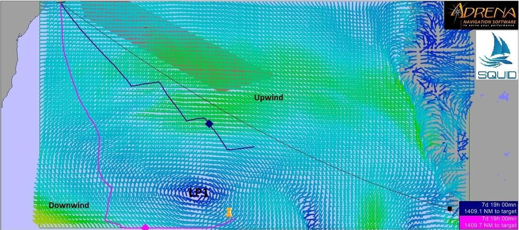 Abu Dhabi Northern option (blue) vs Southern option (pink). LP1 = Low Pressure all teams should take to Cape Town - Volvo Ocean Race 2014-15 © Henry Bomby