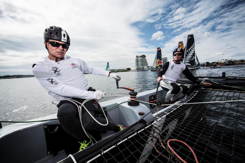 The Extreme Sailing. Act 5. Cardiff. Wales.
Alinghi (SUI), Skipppered by Morgan Larson (USA) with Tactician Anna Tunnicliffe, Mainsail Trimmer Pierre-Yvew Jorand (SUI), Headsail Trimmer Nils Frei (SUI) and Bowman Yves Detrey (SUI)
Credit - Lloyd Images photo copyright Lloyd Images/Extreme Sailing Series taken at  and featuring the  class