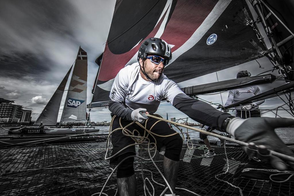 The Extreme Sailing. Act 5. Cardiff. Wales. 
Alinghi (SUI), Skipppered by Morgan Larson (USA) with Tactician Anna Tunnicliffe, Mainsail Trimmer Pierre-Yvew Jorand (SUI), Headsail Trimmer Nils Frei (SUI) and Bowman Yves Detrey (SUI) 
Credit - Lloyd Images photo copyright Lloyd Images/Extreme Sailing Series taken at  and featuring the  class