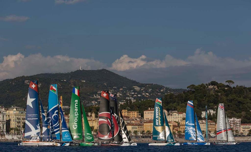 The fleet line up for a start on the Bay of Angels on the opening day in Nice. © Lloyd Images/Extreme Sailing Series