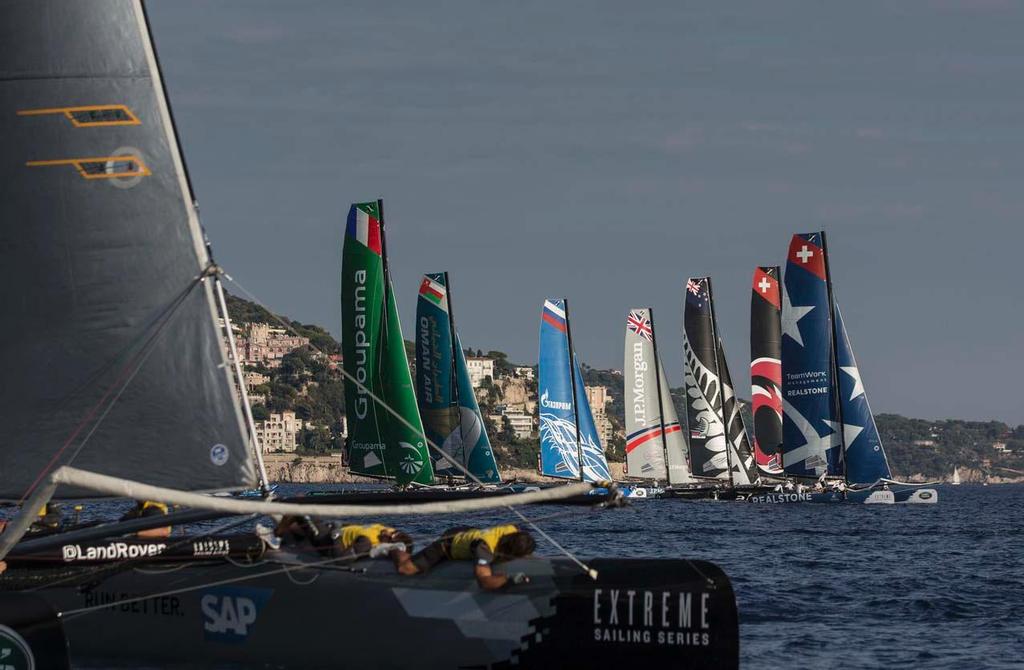 Looking down the start line as the fleet line up for a race. © Lloyd Images/Extreme Sailing Series