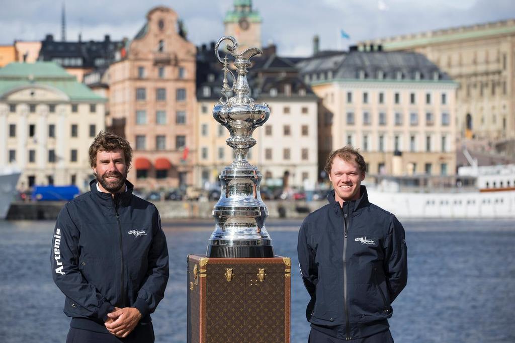 Iain Percy and Nathan Outteridge (right) August 19, 2014 Artemis Racing announces its challenge for the 35th America’s Cup. Stockholm, Sweden photo copyright Sander van der Borch / Artemis Racing http://www.sandervanderborch.com taken at  and featuring the  class