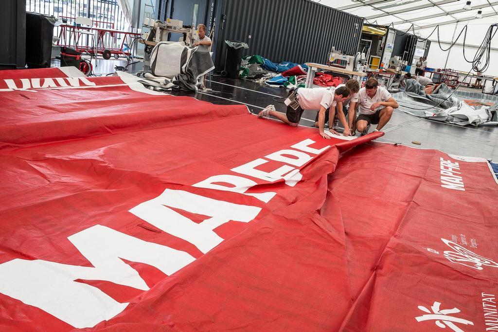 Sail maintenance, Mapfre - Cape Town, South Africa, 2014-15 Volvo Ocean Race photo copyright  María Muiña / MAPFRE taken at  and featuring the  class