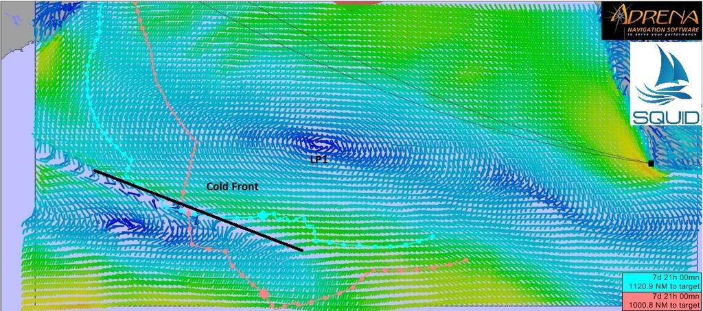After hooking into LP1, it will all be about staying ahead of the cold front, a potential rich get richer scenario. However it is also a potential shortcut for the teams behind. See SCA here in Blue to Abu Dhabi in Pink. Abu Dhabi forced to sail much further distance - Volvo Ocean Race 2014-15 © Henry Bomby