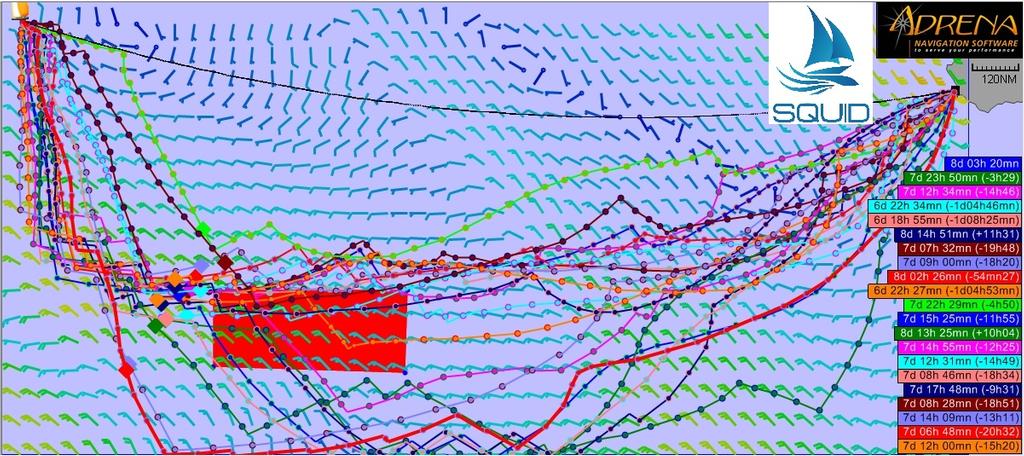 Ensemble routings, GFS 1.0 deg, 0600 UT 29th October 2014. Almost all the routings are still taking the boats south of the ice gate to be left to Starboard. (Top line of the red box shown here) - Volvo Ocean Race 2014-15. © Henry Bomby