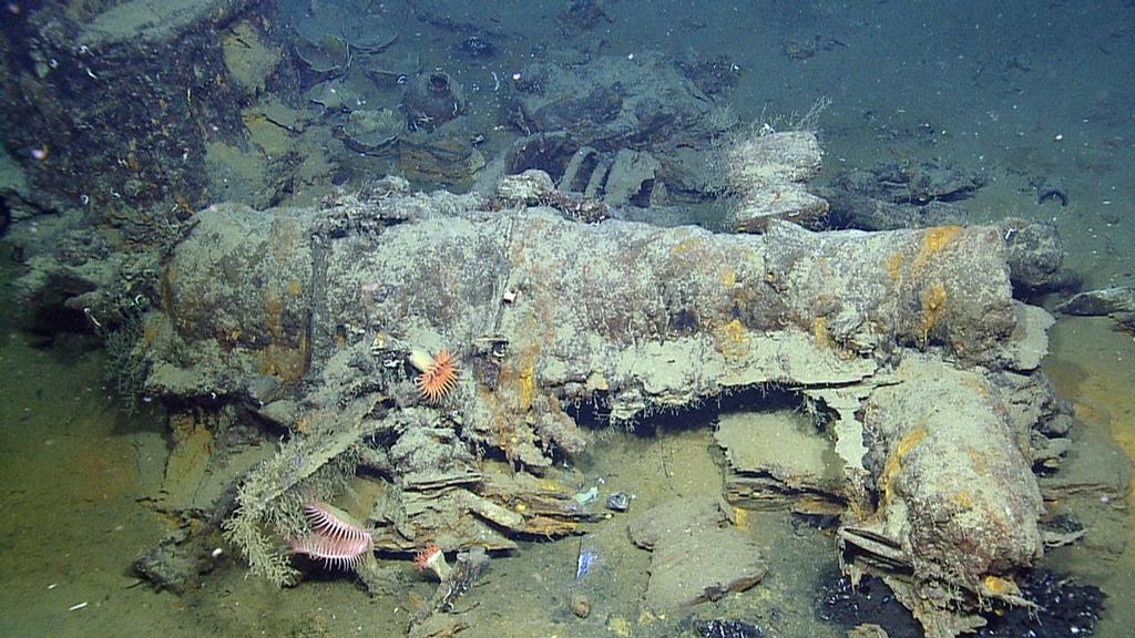 On wreck A, one cannon rests on another in this image from a 2013 expedition. Wreck A was first investigated by NOAA in 2012 and it and two nearby wrecks (B and C) were investigated in a 2013 expedition funded by The Meadow Center.  NOAA's current expedition will investigate all three sites and one additional potential wrecksite © Ocean Exploration Trust / Meadows Center for Water and the Environment, TSU