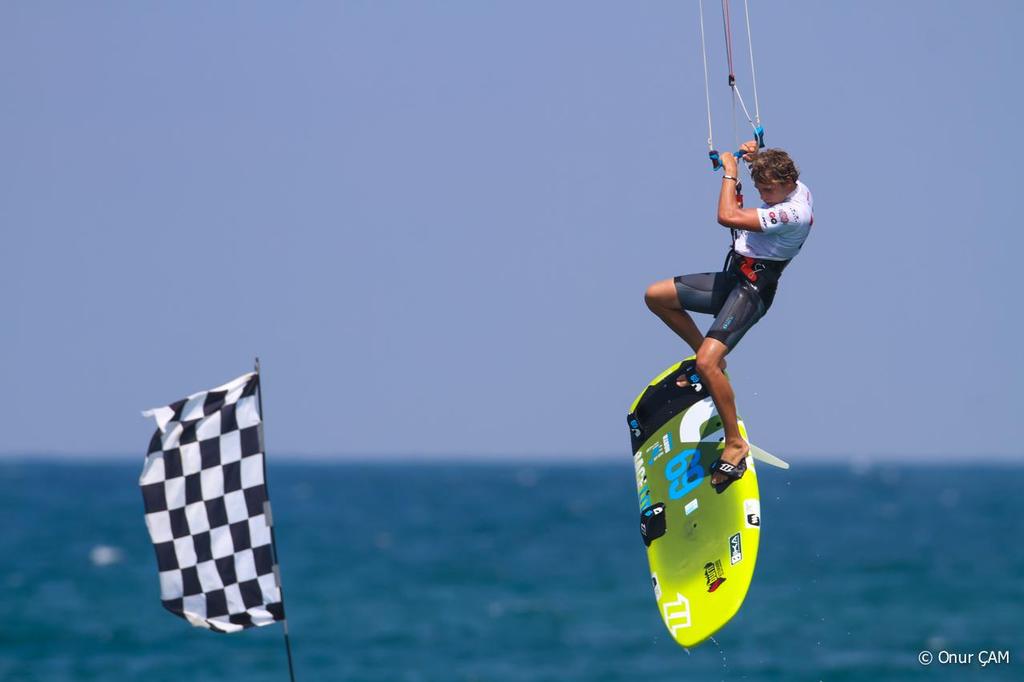 Nocher jumping the finish line after the last medal race at the 2014 Formula Kite World Championships © Onur CAM
