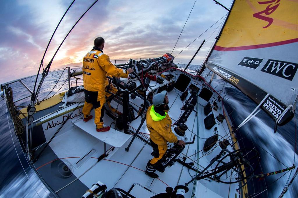 Volvo Ocean Race - October 28, 2014. Leg 1 onboard Abu Dhabi Ocean Racing. Sunrise and speed. photo copyright Matt Knighton/Abu Dhabi Ocean Racing taken at  and featuring the  class