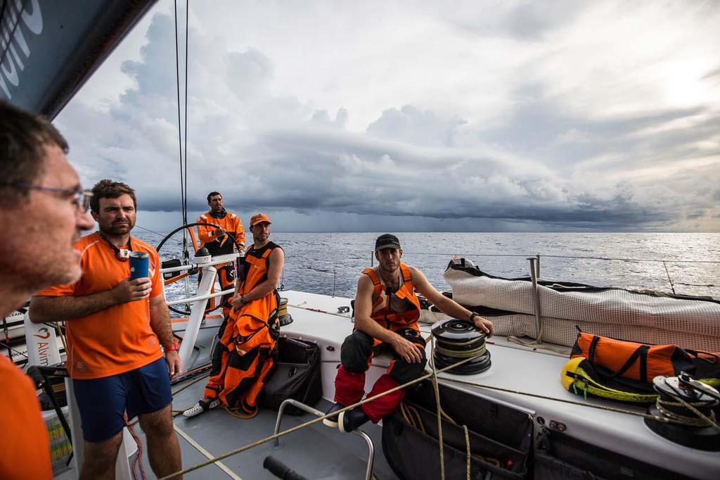 October 21, 2014.  Leg 1 onboard Team Alvimedica. Day 10 brings the fleet into the ITCZ and the notoriously challenging Doldrums, an area of volatile and unpredictable weather. Navigator Will Oxley talks clouds after passing through a massive one in the Doldrums. Volvo Ocean Race ©  Amory Ross / Team Alvimedica