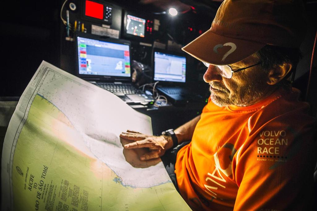 Navigator Will Oxley still carries traditional paper charts for every potential destination along the course around the world; technology is great when it works but sometimes traditional means are most trustworthy. ©  Amory Ross / Team Alvimedica