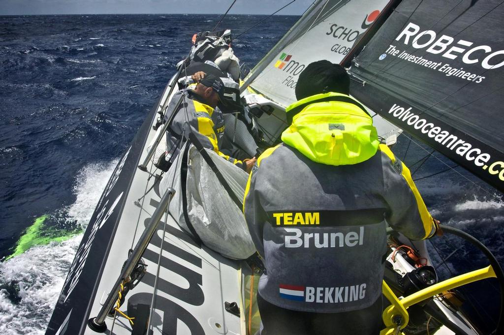 October 22, 2014. Leg 1 onboard Team Brunel, Skipper Bouwe Bekking at the helm. © Stefan Coppers/Team Brunel
