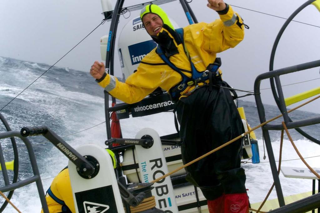 Rokas Milevicius in his full wet weather gear taking on the South Atlantic! © Stefan Coppers/Team Brunel