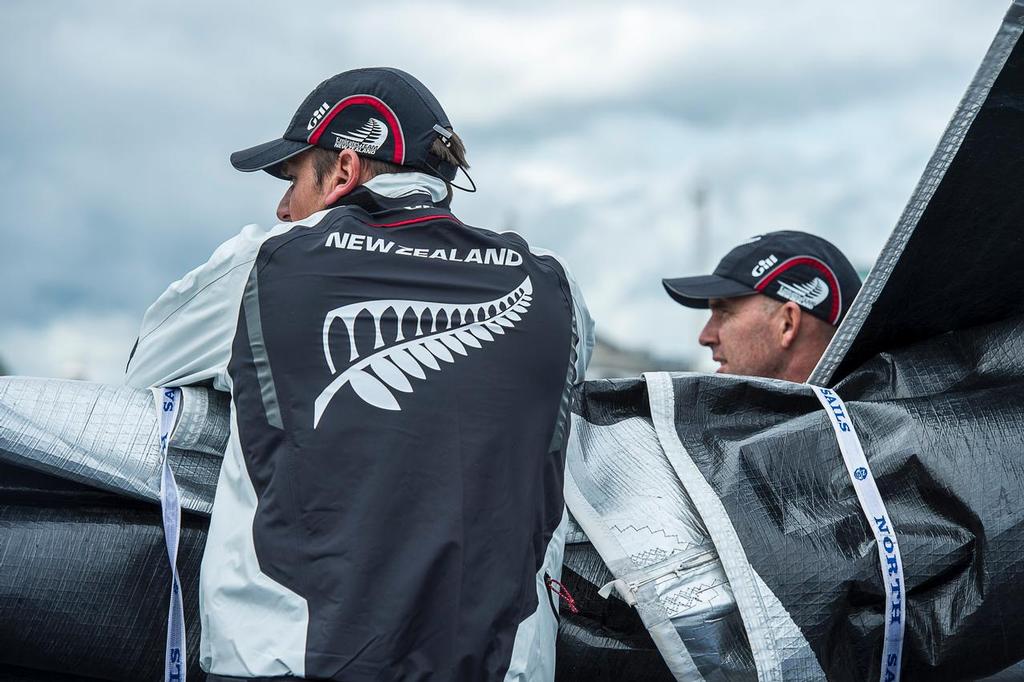 Emirates Team New Zealand Sailors, Dean Barker and Ray Davies survey the race area before practice day for the Cardiff Extreme Sailing Series Regatta. 21/8/2014 photo copyright Chris Cameron/ETNZ http://www.chriscameron.co.nz taken at  and featuring the  class