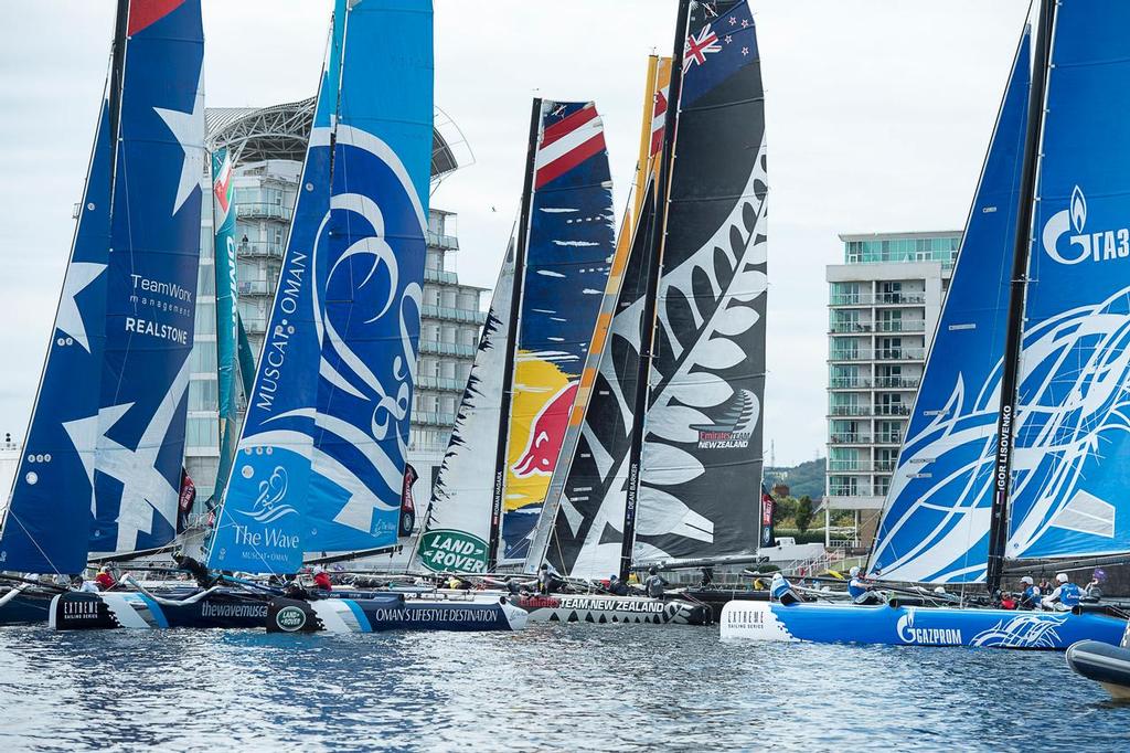 A race startr on day three of the Cardiff Extreme Sailing Series Regatta. 24/8/2014 photo copyright Chris Cameron/ETNZ http://www.chriscameron.co.nz taken at  and featuring the  class