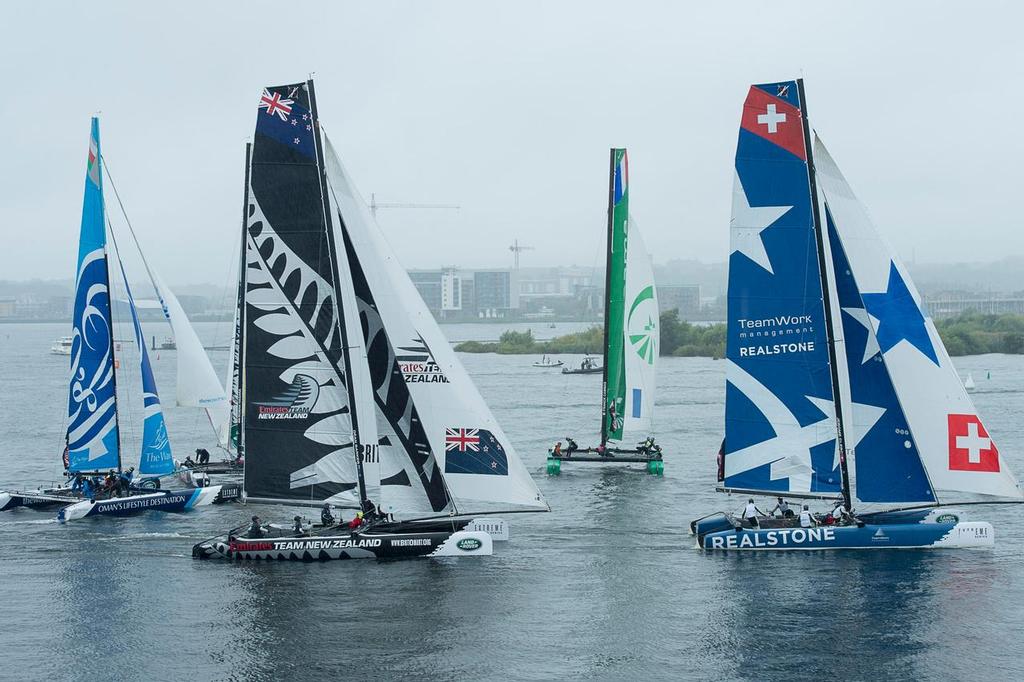 The Wave Muscat, Emirates Team New Zealand, Groupama and RealTeam. The final day of the Extreme Sailing Series Regatta in Cardiff. 25/8/2014 © Chris Cameron/ETNZ http://www.chriscameron.co.nz