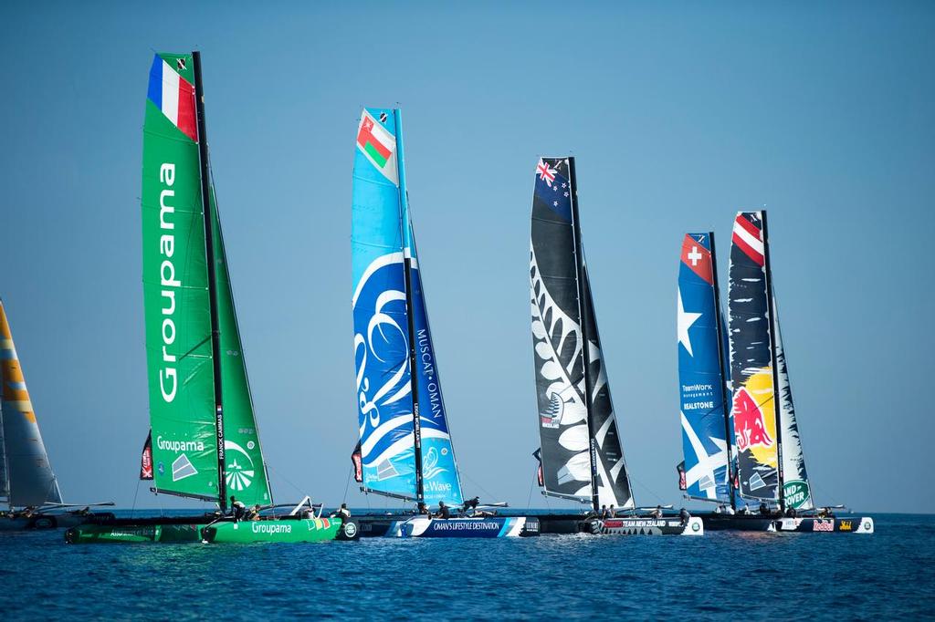 Lining up to round the top mark, Day one of the Extreme Sailing Series at Nice. 2/10/2014 © Chris Cameron/ETNZ http://www.chriscameron.co.nz