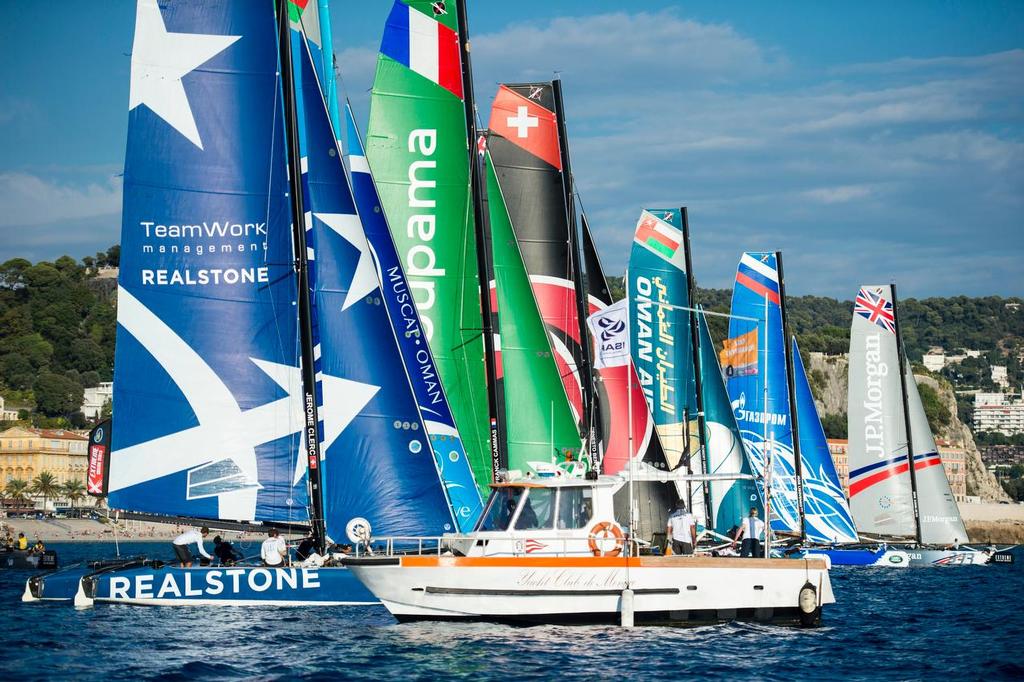 Race start, Day one of the Extreme Sailing Series at Nice. 2/10/2014 © Chris Cameron/ETNZ http://www.chriscameron.co.nz