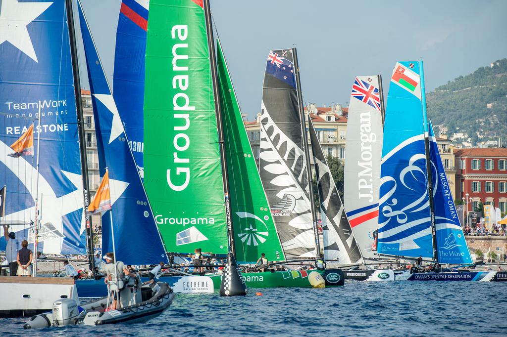 Race start,  Day three of the Extreme Sailing Series Regatta at Nice. 4/10/2014 © Chris Cameron/ETNZ http://www.chriscameron.co.nz
