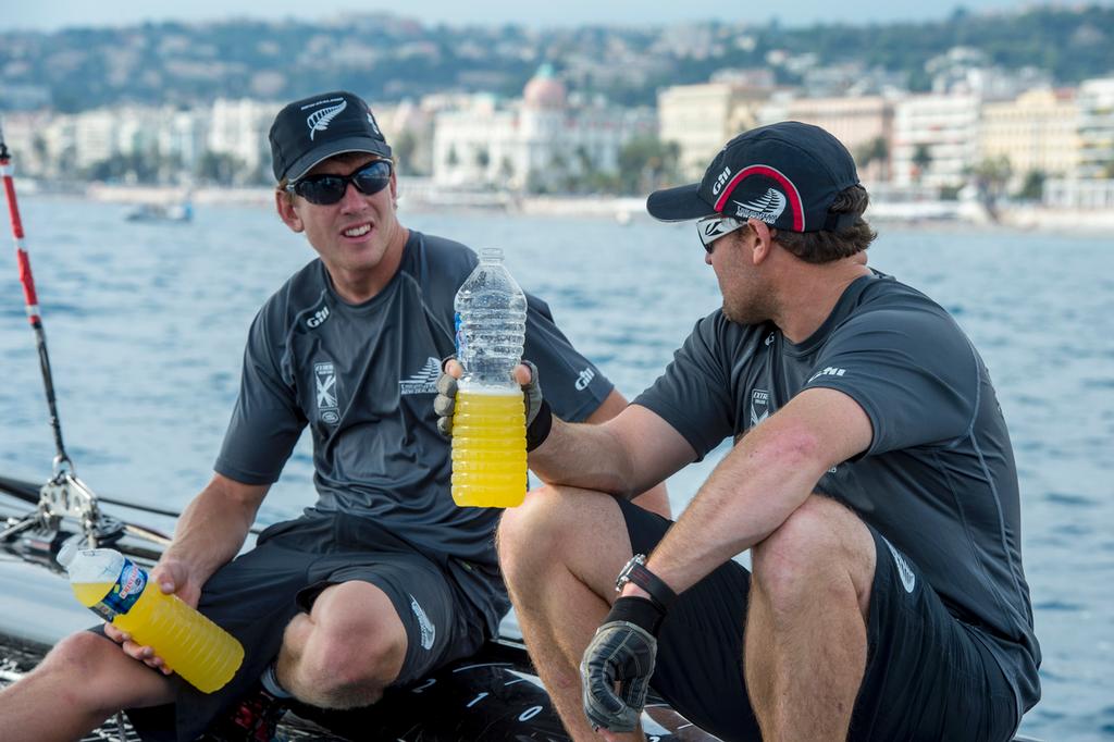 Peter Burling (left) and Glenn Ashby - Emirates Team New Zealand. Day four of the Extreme Sailing Series Regatta at Nice. 5/10/2014 photo copyright Chris Cameron/ETNZ http://www.chriscameron.co.nz taken at  and featuring the  class