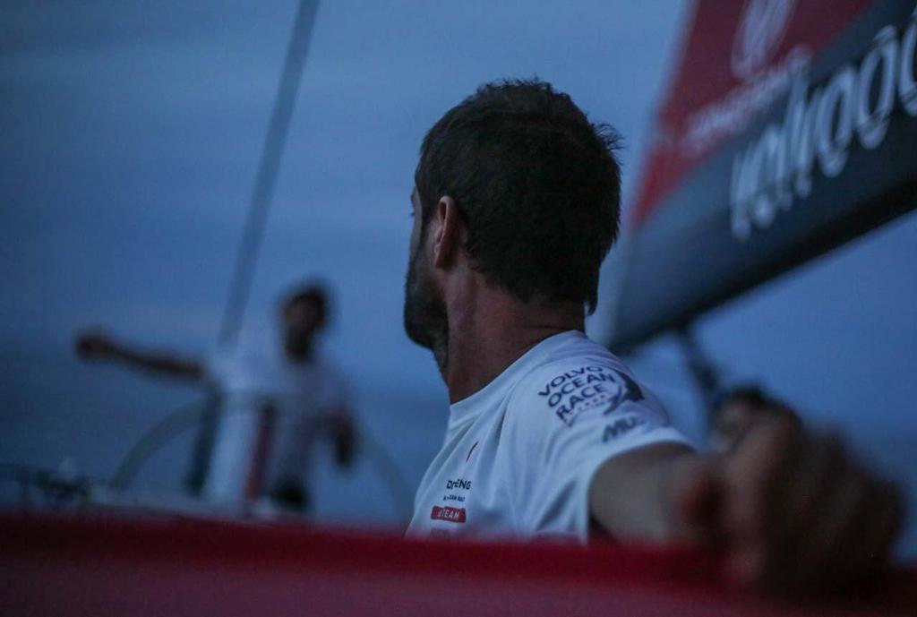October 21, 2014. Leg 1 onboard Dongfeng Race Team. The team taking skippers orders as they head into the Doldrums. Volvo Ocean Race photo copyright Yann Riou / Dongfeng Race Team taken at  and featuring the  class