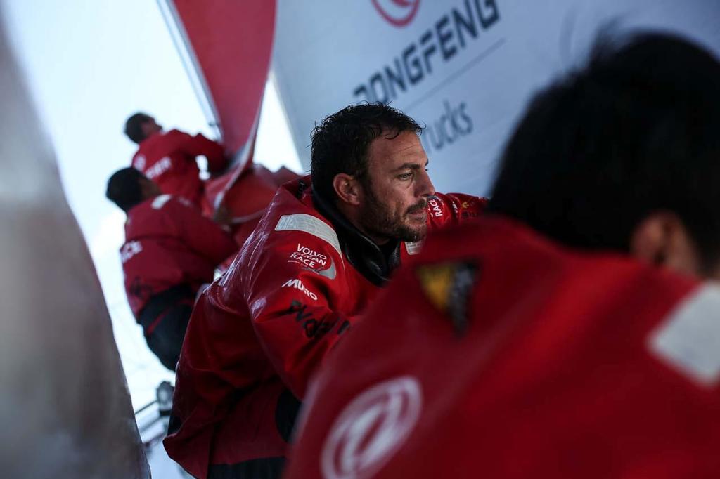 Volvo Ocean Race - October 25, 2014. Leg 1 onboard Dongfeng Race Team. Eric Peron and some of the crew dropping J1. photo copyright Yann Riou / Dongfeng Race Team taken at  and featuring the  class