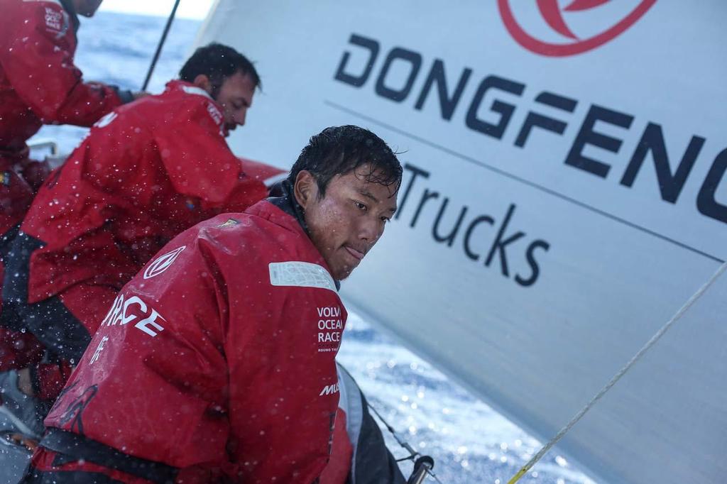 Volvo Ocean Race - October 25, 2014. Leg 1 onboard Dongfeng Race Team. Horace and some of the crew dropping J1. photo copyright Yann Riou / Dongfeng Race Team taken at  and featuring the  class