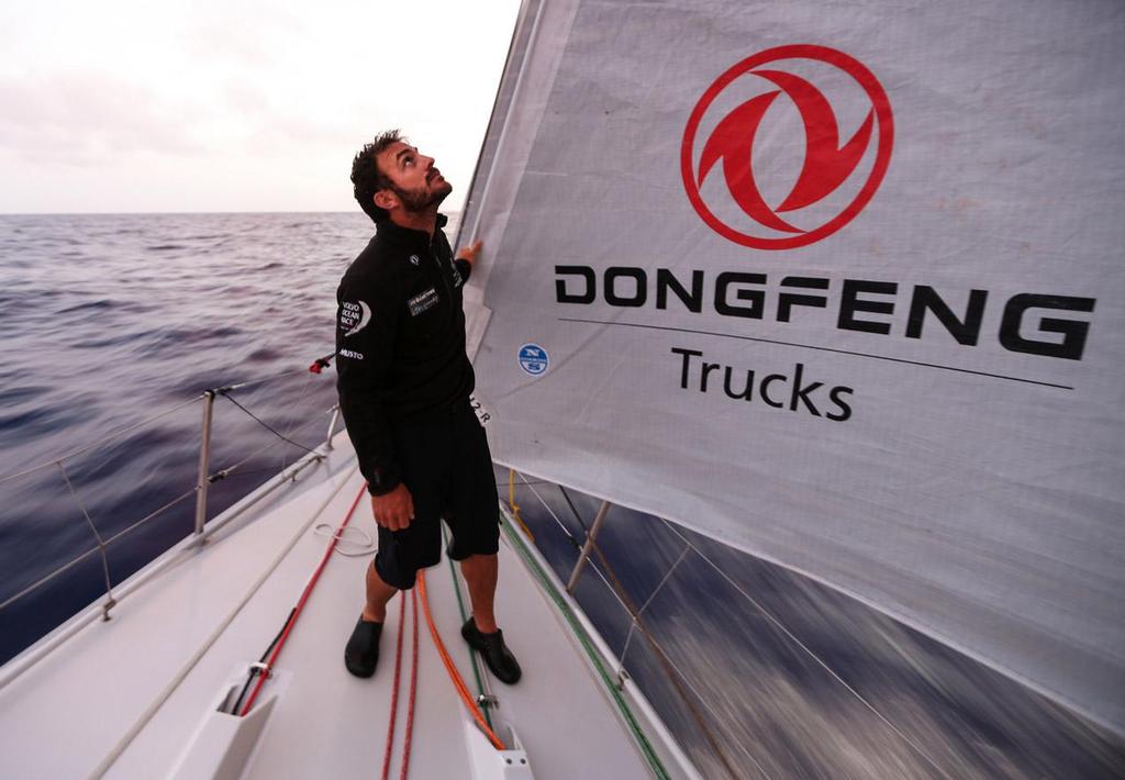 Volvo Ocean Race - October 28, 2014. Leg 1 onboard Dongfeng Race Team. Eric Peron, checkin luff. photo copyright Yann Riou / Dongfeng Race Team taken at  and featuring the  class