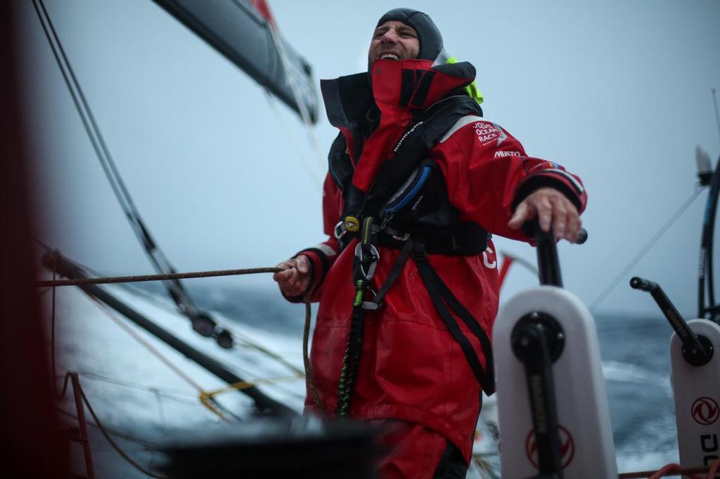 November 3, 2014. Leg 1 onboard Dongfeng Race Team. Charles Caudrelier directing a sail change. photo copyright Yann Riou / Dongfeng Race Team taken at  and featuring the  class