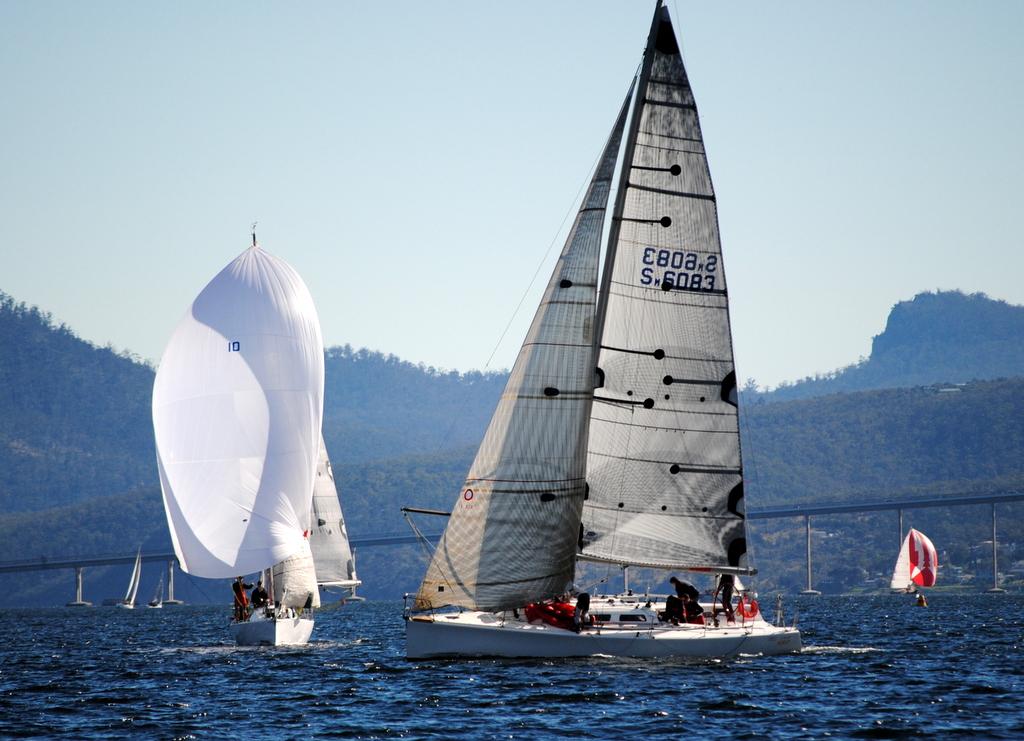 Derwent Sailing Squadron Winter Series race winner today, Ciao Baby II, leads Planet X on the spinnaker run to Nutgrove Beach - Derwent Sailing Squadron’s Winter Series 2014 photo copyright Peter Campbell taken at  and featuring the  class