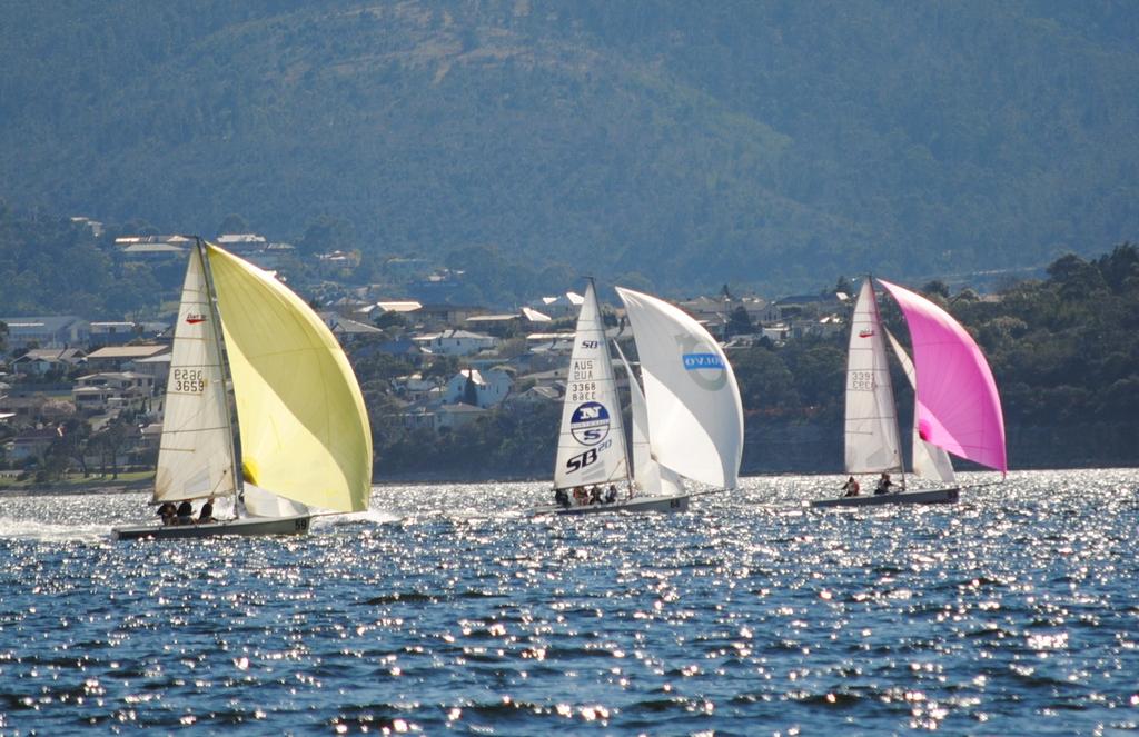 SB20s running before a 10 knot nor'wester on the River Derwent today - Derwent Sailing Squadron’s Winter Series 2014 © Peter Campbell