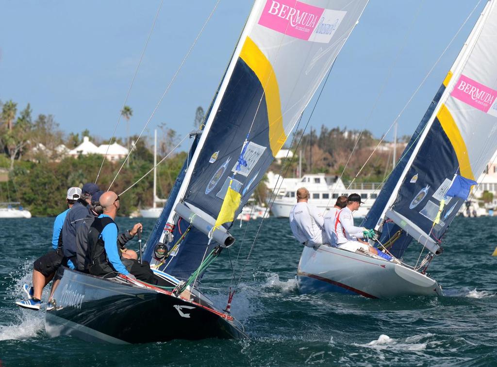Bjorn Hansen leads David storrs in racing in the final flights of the Qualifying Round Robin at the 2014 Argo Group Gold Cup, Stage 6 of the Alpari World Match Racing Tour. Qualifiers are Ian Williams, Taylor Canfield, Steffan Lindberg, Marek Stanczyk, Eric Monnin, Bjorn Jansen, Johnie Berntsson, and Pierre Morvan. photo copyright Talbot Wilson taken at  and featuring the  class