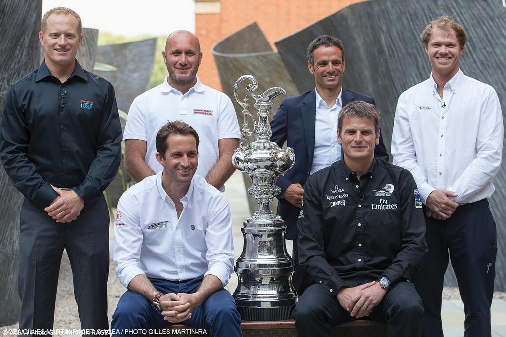 A group now seriously split - 35th Americas Cup, Skippers presentation press conference, London (UK), 09 Sept. 2014.James Spithill (ORACLE TEAM USA),  Max Sirena (Luna Rossa Challenge), Franck Cammas (Team France), Nathan Outteridge (Artemis Racing), Ben Ainslie (Ben Ainslie Racing),Dean Barker (Emirates Team New Zealand) © ACEA /Gilles Martin-Raget