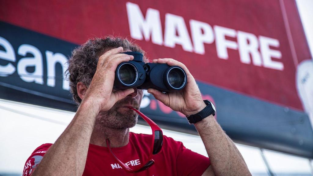 October 20, 2014. Leg 1 onboard MAPFRE. Michel Desjoyeau controlling the position of Team Vestas Wind from the distance. Volvo Ocean Race photo copyright Francisco Vignale/Mapfre/Volvo Ocean Race taken at  and featuring the  class