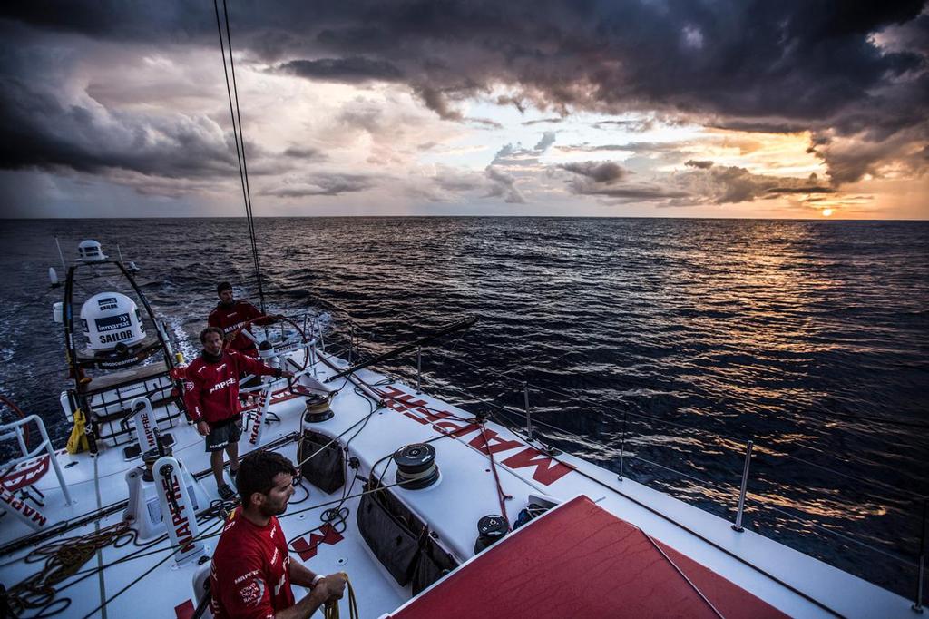 October 22, 2014. Leg 1 onboard MAPFRE. Sailing by one of the most amazing sunrises. Volvo Ocean Race photo copyright Francisco Vignale/Mapfre/Volvo Ocean Race taken at  and featuring the  class
