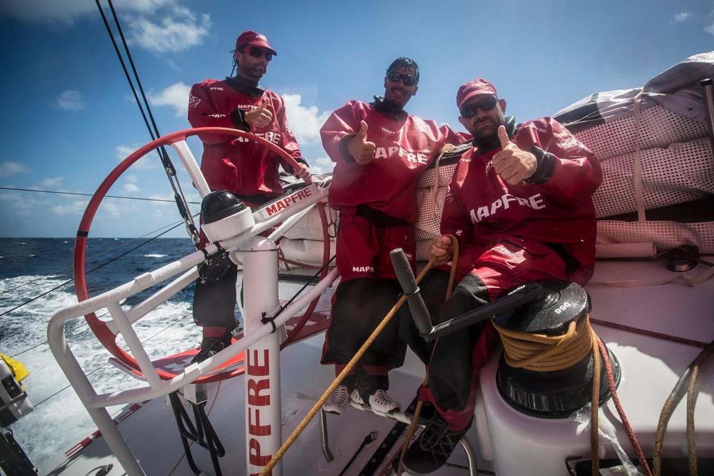 October 23, 2014. Leg 1 onboard MAPFRE: Nice Sailing conditions close to the Equator, happy sailors: Skipper Iker Martinez, Andre Fonseca, aka Bochecha and Xabi Fernandez. Volvo Ocean Race photo copyright Francisco Vignale/Mapfre/Volvo Ocean Race taken at  and featuring the  class