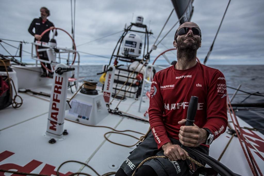 November 6, 2014. Leg 1 onboard MAPFRE. Less than 24 hours until Cape Town; No wind in the morning of day 25. Michel Desjoyeaux on helm, Nicholas Lunven trims. photo copyright Francisco Vignale/Mapfre/Volvo Ocean Race taken at  and featuring the  class