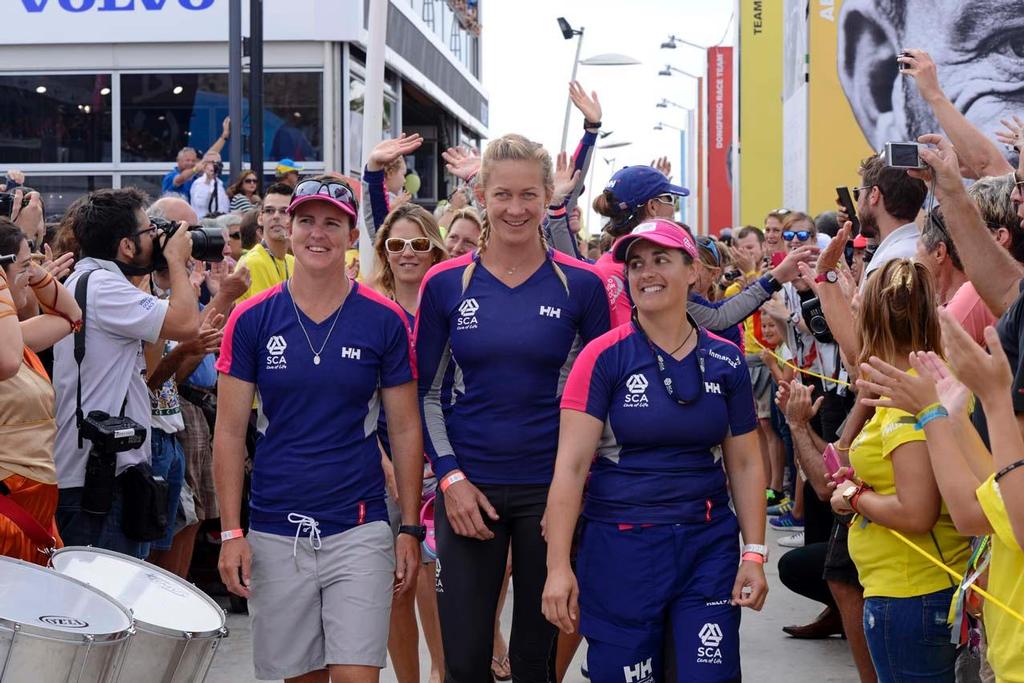 Stacey Jackson (AUS),Sophie Ciszek (AUS) and Corinna Halloran (USA) - Team SCA Start of Leg 1 of the Volvo Ocean Race 2014-15 Alicante Spain to CapeTown South Africa. photo copyright Rick Tomlinson / Team SCA taken at  and featuring the  class