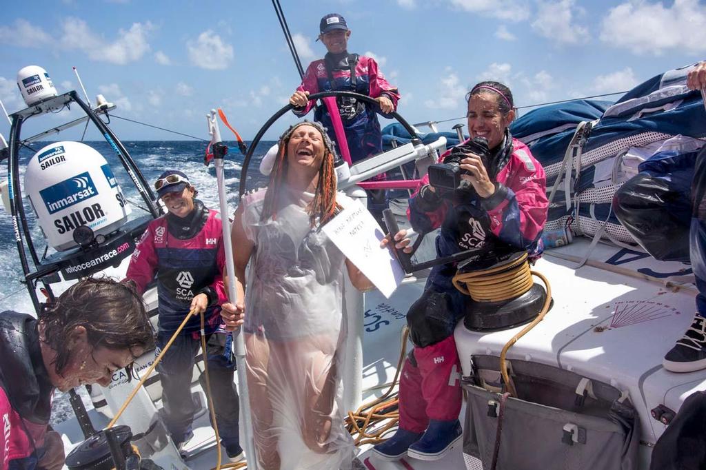 Sara Hastreiter and Libby Greenhalgh perform a 30 second commercial. ©  Sophie Ciszek / Volvo Ocean Race / Team SCA