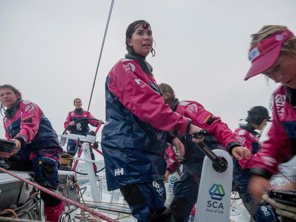 Volvo Ocean Race - October 28, 2014.  Leg 1 onboard Team SCA. Sara Hastreiter looks up during one of the morning's gybes under the rain. photo copyright Corinna Halloran / Team SCA taken at  and featuring the  class