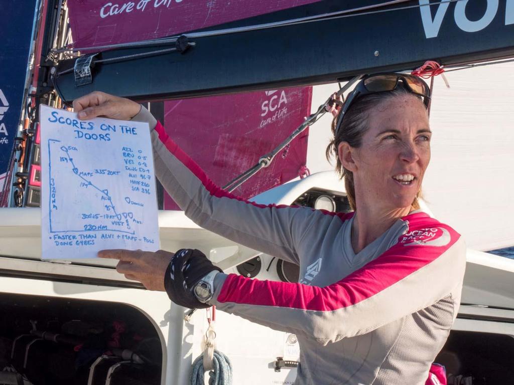 Volvo Ocean Race - October, 2014. Leg 1 onboard Team SCA. Libby Greenhalgh reads aloud the ``scores on the doors`` aka the position report. photo copyright Corinna Halloran / Team SCA taken at  and featuring the  class