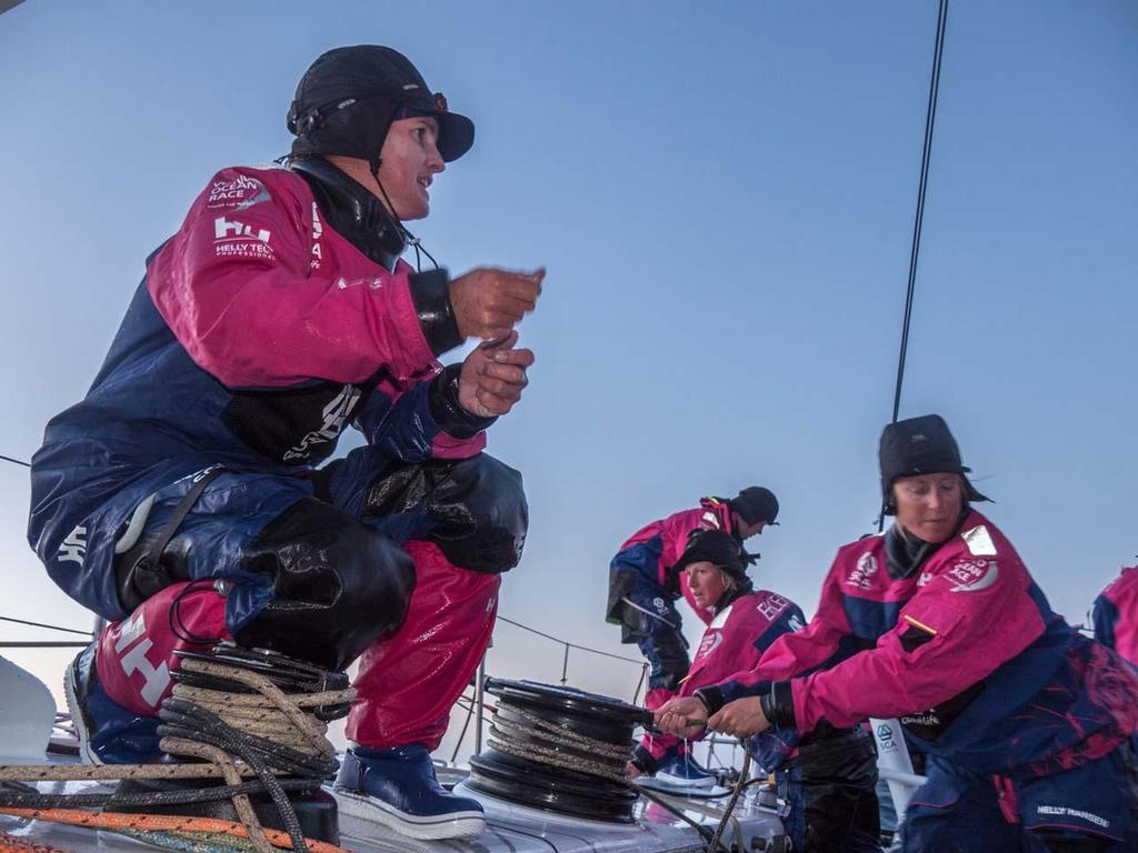 Volvo Ocean Race - October 31, 2014. Leg 1 onboard Team SCA. Stacey Jackson gives instruction as the team prepares for a jibe. photo copyright Corinna Halloran / Team SCA taken at  and featuring the  class