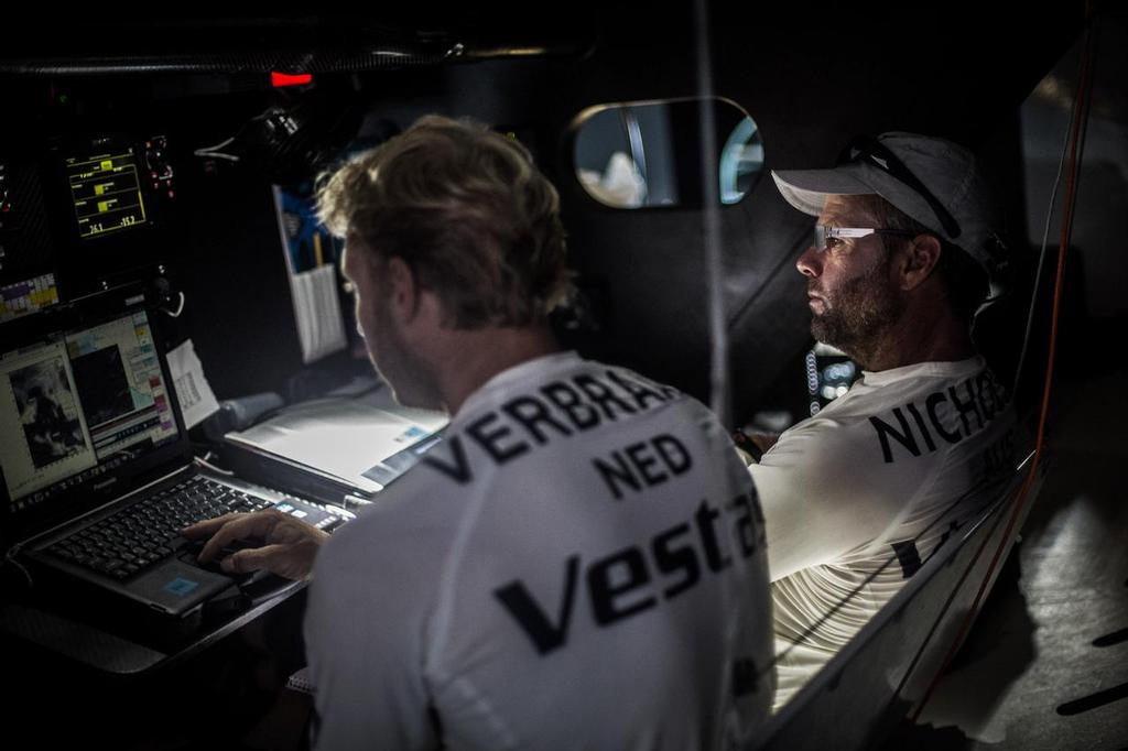 October 20, 2014. Leg 1 onboard Team Vestas Wind. A tense time for skipper Chris Nicholson and navigator Wouter Verbraakon Day 9. photo copyright Brian Carlin - Team Vestas Wind taken at  and featuring the  class
