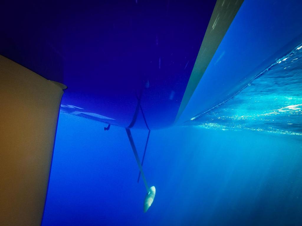 October 21, 2014. Go Pro shot from the stern looking at the keel, rudder and daggerboards. © Brian Carlin - Team Vestas Wind