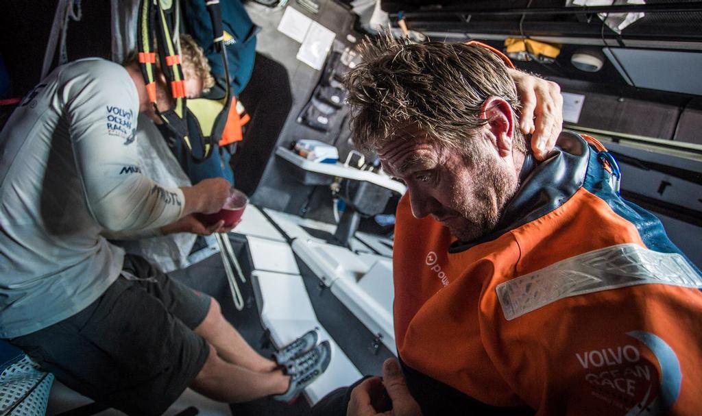 October 23, 2014. Leg 1 onboard Team Vestas Wind. Tony Rae wakes to go on watch at 3.30pm.  © Brian Carlin - Team Vestas Wind