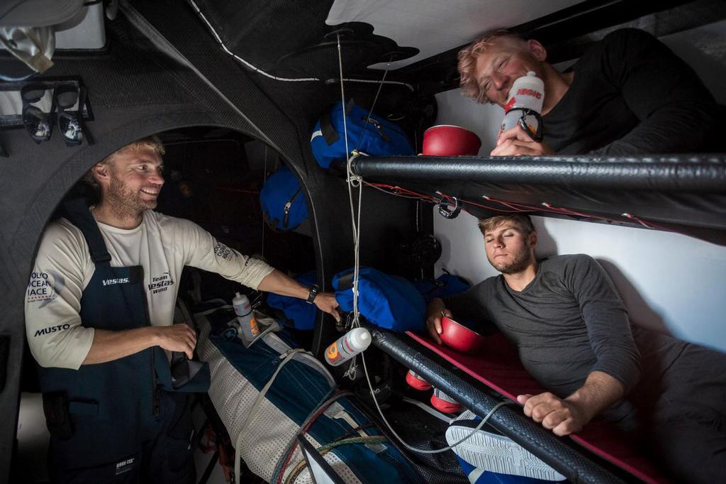 October 25, 2014. Leg 01, On-board Team Vestas Wind. The team discussing food option when we arrive in Cape Town. photo copyright Brian Carlin - Team Vestas Wind taken at  and featuring the  class