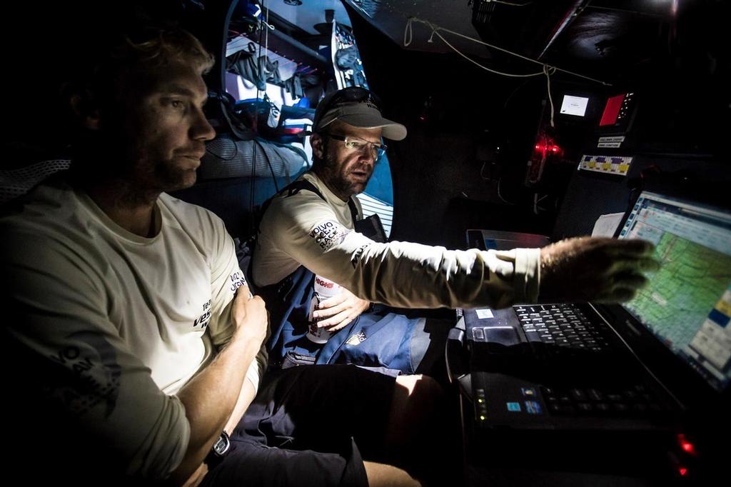 October 25, 2014. Leg 01, On-board Team Vestas Wind. Chris Nicholson and Wouter Verbraak discuss tactics after Rio. photo copyright Brian Carlin - Team Vestas Wind taken at  and featuring the  class