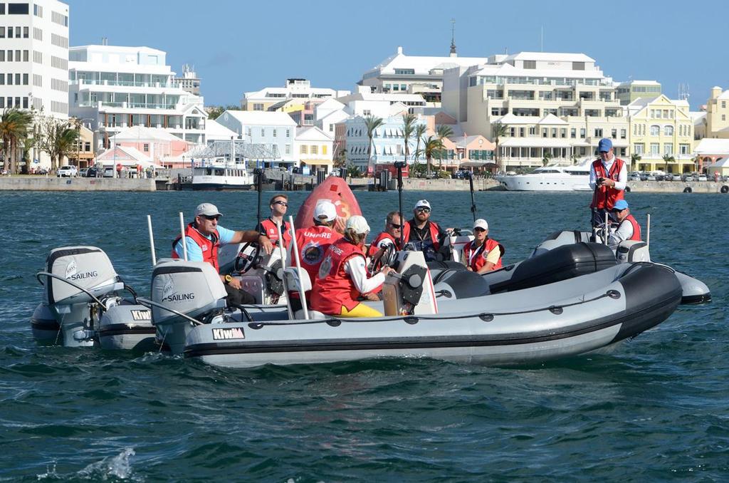 A school of Umpires consult between races in the final flights of the Qualifying Round Robin at the 2014 Argo Group Gold Cup, Stage 6 of the Alpari World Match Racing Tour. Qualifiers are Ian Williams, Taylor Canfield, Steffan Lindberg, Marek Stanczyk, Eric Monnin, Bjorn Jansen, Johnie Berntsson, and Pierre Morvan. © Talbot Wilson