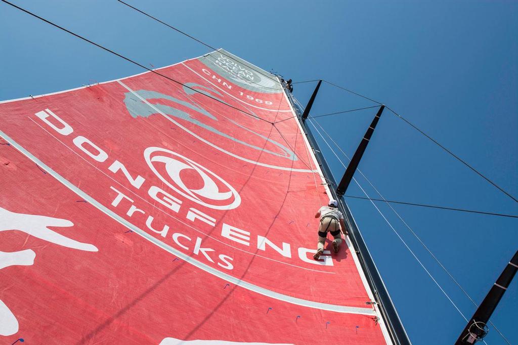 HRH Prince Carl Philip of Sweden going up the mast of Dongfeng Race Team before the ProAm Race for the Volvo Ocean Race. ©  Marc Bow / Volvo Ocean Race