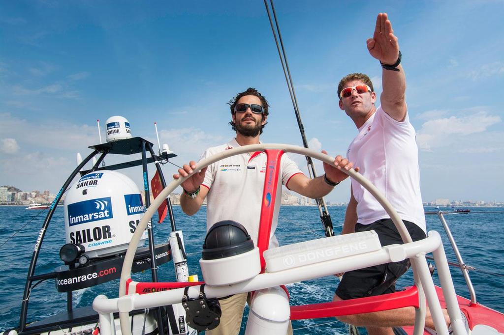 HRH Prince Carl Philip of Sweden with skipper Charles Caudrelier at the helm of Dongfeng Race Team during the ProAm Race for the Volvo Ocean Race. ©  Marc Bow / Volvo Ocean Race