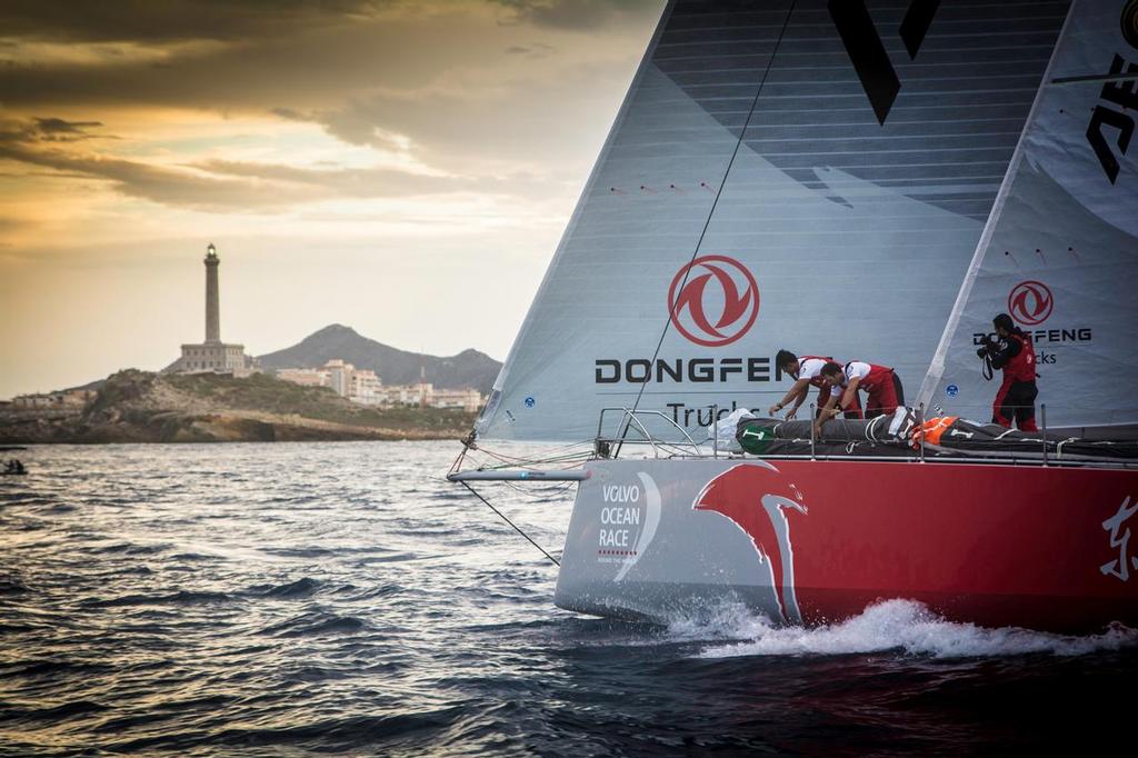 October 11, 2014. Following Dongfeng Race Team for their first Sunset at the Start of the Leg 1, from Alicante, Spain to Cape Town South Africa. photo copyright  Marc Bow / Volvo Ocean Race taken at  and featuring the  class